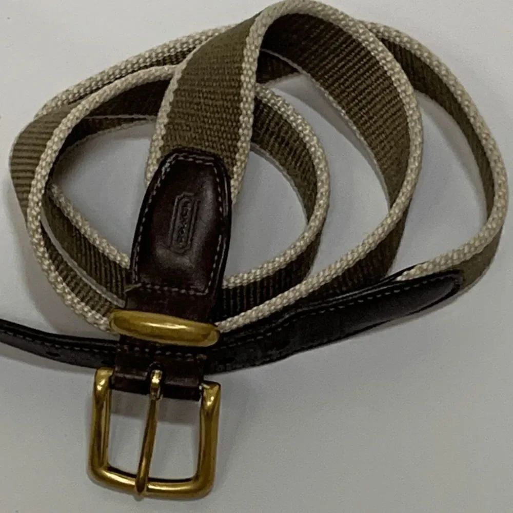 Coach Brown Leather and Army Green Cream Nylon Belt